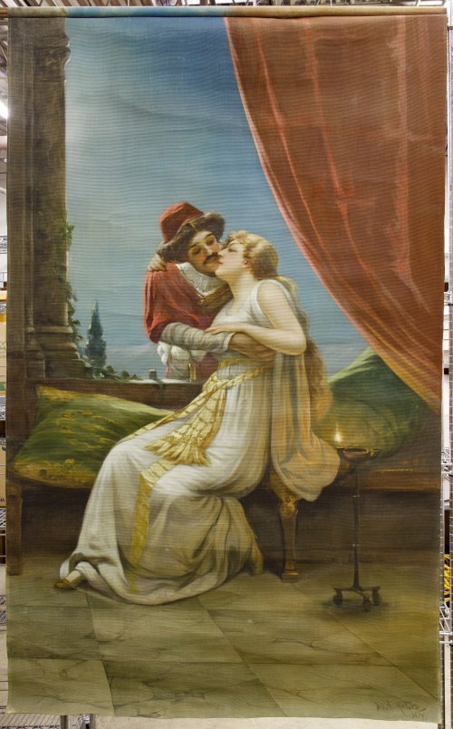 Joseph A. Maturo (Italian, 1876-1938) Painted Tapesty: Joseph A. Maturo (Italian, 1876-1938) Painted Tapesty c.1910, signed lower right, depicting a romantic couple within an Italian landscape; tapestry fabric attached to wooden scroll at top; unframed He