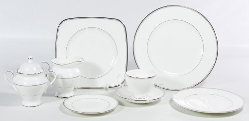 Waterford 'Kilbarry Platinum' China Service: Waterford 'Kilbarry Platinum' China Service Including (12) dinner plates, (12) square luncheon plates, (12) dessert plates, (12) bread plates, (7) salad bowls, (12) coffee cups, (11) saucers, a creame