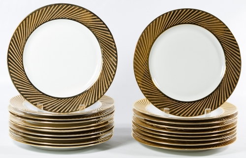 Limoges Plates: Limoges Plates Nineteen dinner plates having ribbed gold and black border and stamp mark 'Jean Luce France' on the undersides Diameter: 10.50 inches (plate) Category: Porcelain & Ceramics > Limoges Sh