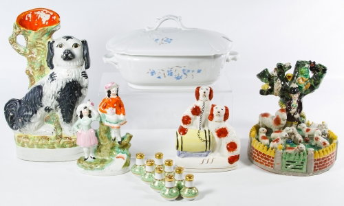 Staffordshire Style Ceramic Assortment: Staffordshire Style Ceramic Assortment Including four unmarked ceramic figural and animal spill vases and statues; and an Austrian covered casserole with unmarked salt and pepper shakers Height: 13.50