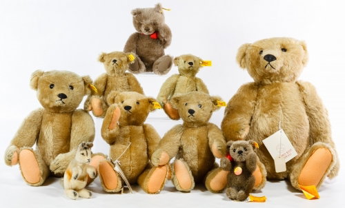 Steiff 'Strong Museum' Bear Replica Assortment: Steiff 'Strong Museum' Bear Replica Assortment Including six #155 golden bears of various sizes, two #202 bears and a vintage Steiff kangaroo Height: 20.00 inches (tallest) Category: Toys and Dolls > 