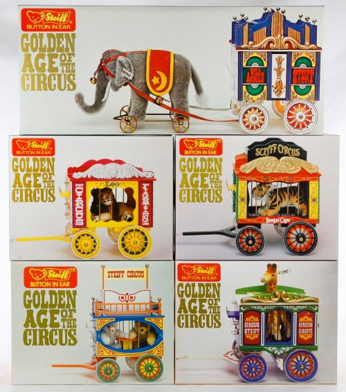 Steiff Golden Age of Circus Wagon and Animal Set: Steiff Golden Age of Circus Wagon and Animal Set Including five limited edition circus wagons with COAs, original packaging and shipping boxes: elephant, giraffe, tiger, lion and two dicky bears Lengt