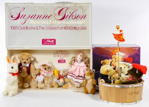 Steiff Limited Edition Bear Sets: Steiff Limited Edition Bear Sets Two sets including the 1985 Suzanne Gibson Goldilocks and the 3 Bears set #4004 with COA 3340/5000 and the 1987 Rub-A-Dub three bear set #013100 with COA 293/2000; tog
