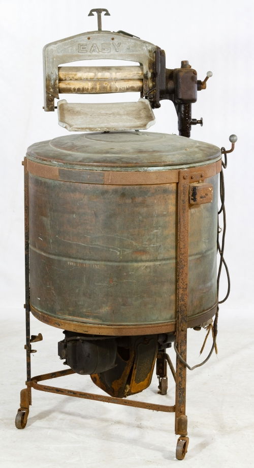 Copper Washing Machine by Easy: Copper Washing Machine by Easy Electric operated with lidded round copper tub and attached wringer Height: 54.00 inches, Diameter: 24.00 inches Category: Primitives > Other Shipping Status: Due to siz