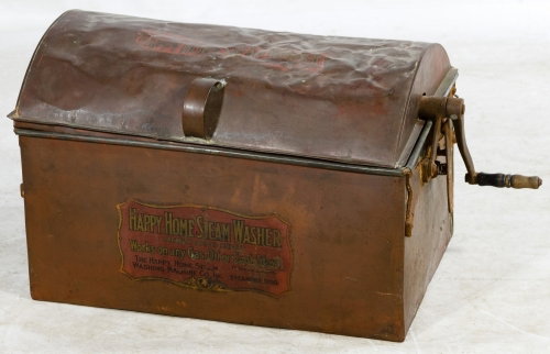Primitive Copper Stove Top Steam Washer by Happy Home: Primitive Copper Stove Top Steam Washer by Happy Home Lidded copper container with inner rotating drum Height: 15.00 inches, Width: 28.00 inches, Depth: 15.00 inches Category: Primitives > Other Shipp