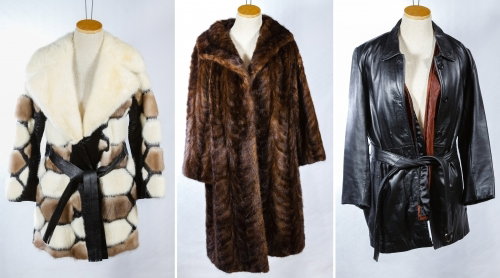Fur and Leather Coat Assortment: Fur and Leather Coat Assortment Three small size coats including a mink fur coat, a Mod style mixed fur coat by Arvid Kastman and a leather coat made in India Height: 40.00 inches, Width: 22.00 inches