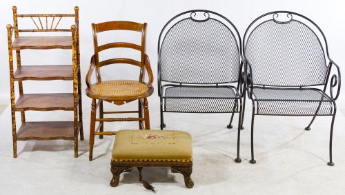 Chair, Stand and Stool Assortment: Chair, Stand and Stool Assortment Including two metal patio chairs, a Victorian walnut caned chair with stool and a maple and bamboo shelf unit Height: 38.00 inches, Width: 17.00 inches, Depth: 13.00