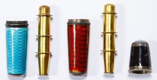 German Sterling Silver (.935) Enamel Sewing Kits: German Sterling Silver (.935) Enamel Sewing Kits Early 20th Century, each having enameled guilloche decoration; together with a blue enamel thimble with moonstone top; all having stamped purity marks