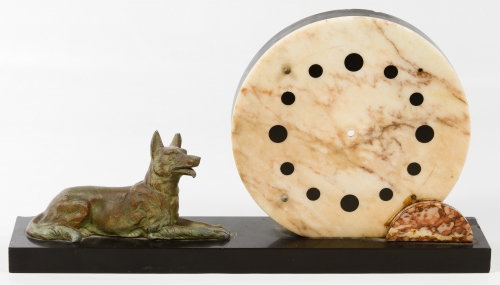 Art Deco Marble Mantel Clock Case: Art Deco Marble Mantel Clock Case Having a black marble base with a cast metal German shepherd dog Height: 8.75 inches, Width: 16.00 inches Category: Decorative Arts > Clocks Tax Status: Subject to an