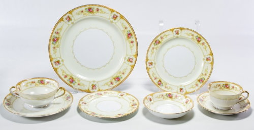 Noritake 'Allure' #586 Partial China Service: Noritake 'Allure' #586 Partial China Service Including (6) dinner plates, (8) salad plates, (7) soup underplates, (6) bread plates, (7) soup bowls, (7) fruit bowls, (6) coffee cups, (6) saucers, a cre