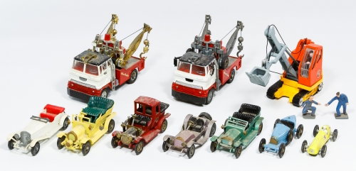 Matchbox and Corgi Toy Vehicle Assortment: Matchbox and Corgi Toy Vehicle Assortment Including three Corgi Major trucks and seven Lesney Matchbox Vehicles of Yesteryears Length: 4.25 inches (corgi wrecker) Category: Toys and Dolls > Vintage To