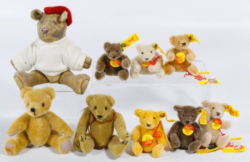 Miniature Steiff Bear Assortment: Miniature Steiff Bear Assortment Including six yellow tag small Steiff bears; together with a Toy Works bear, a Merrythought bear, a Jan Hagara bear and an empty Steiff Muzzle Bear box Height: 3.75 in