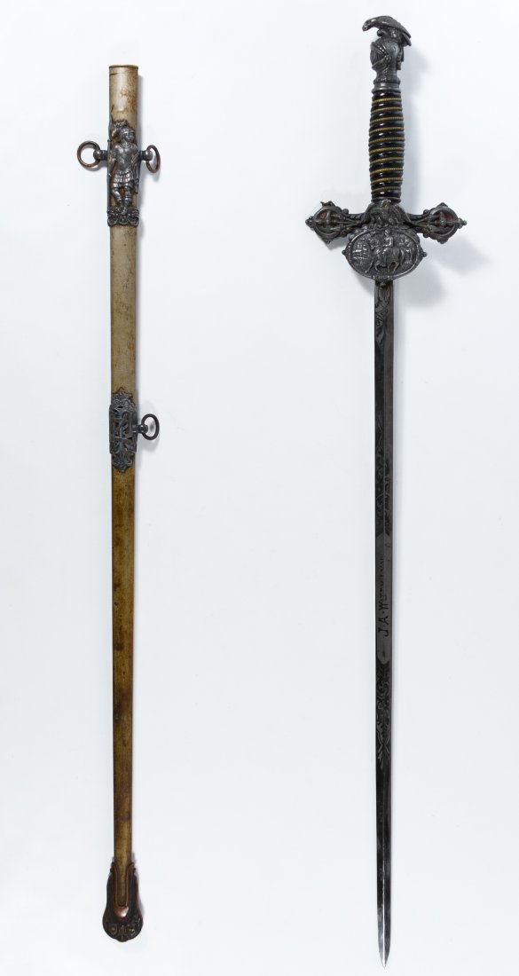 Knights of Pythias Presentation Sword: Knights of Pythias Presentation Sword Having a blade marked with 'CF Foster & Sons,' 'Knights Pythias' and the name 'JA Wittman;' together with the original scabbard Length: 36.00 inches Category: Mil