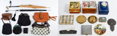Designer and Vintage Purse Assortment: Designer and Vintage Purse Assortment Six purses; together with two antique to vintage umbrellas, compact, trinket and music box assortment including two small musical jewelry boxes, a mirror, comb ho