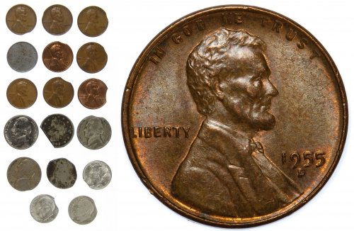 US Error / Clipped Coin Assortment: US Error / Clipped Coin Assortment Seventeen coins including (10) pennies (including 1955-D/D Unc.), (5) nickels and (3) dimes Category: Error Coins > United States Shipping Status: Leonard Auction, I