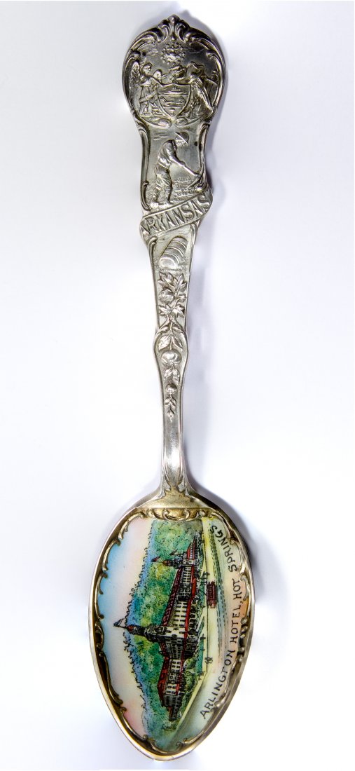 Sterling Silver and Enamel Arlington Hotel Souvenir: Sterling Silver and Enamel Arlington Hotel Souvenir Spoon Hot Springs, Arkansas, produced by Watson Mechanics Co.; marked sterling Length: 5.75 inches Weight: 1.16 ozt. Category: Silver > Sterling Sil