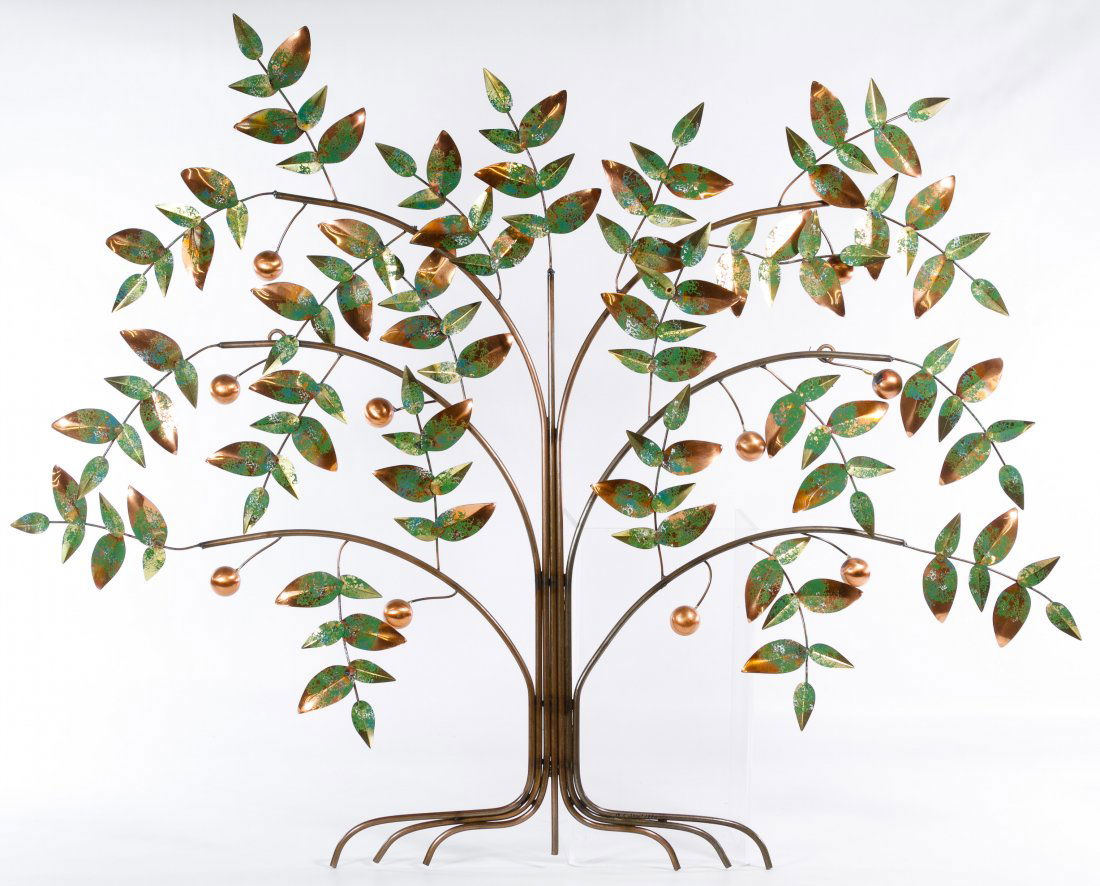 Curtis Jere (American, d.2008) 'Tree of Life' Wall: Curtis Jere (American, d.2008) 'Tree of Life' Wall Hanging 1990, signed lower right, depicting a tree full of leaves and fruit Height: 30.00 inches, Width: 38.00 inches Category: Decorative Arts > Obj