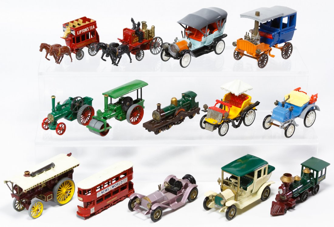 Lesney and RAMI by JMK Diecast Vehicle Assortment: Lesney and RAMI by JMK Diecast Vehicle Assortment Including ten English Lesney 'Models of Yesteryear' cars, tractors, wagons and buses; and four French 'RAMI by JMK' marked models of early 20th centur