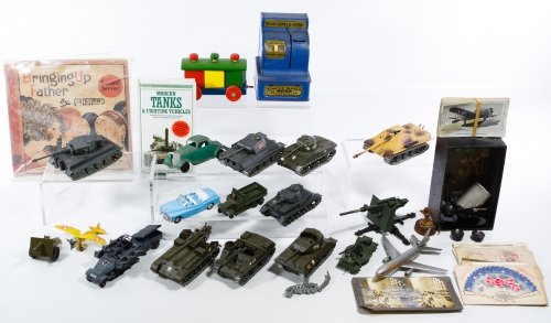Metal Toy Army Tank and Truck Assortment: Metal Toy Army Tank and Truck Assortment Ten examples by Corgi Toys, Solido and Dinky Toys; together with an assortment of military plane images, toy machine guns, toy cars, tin cash register and Brin