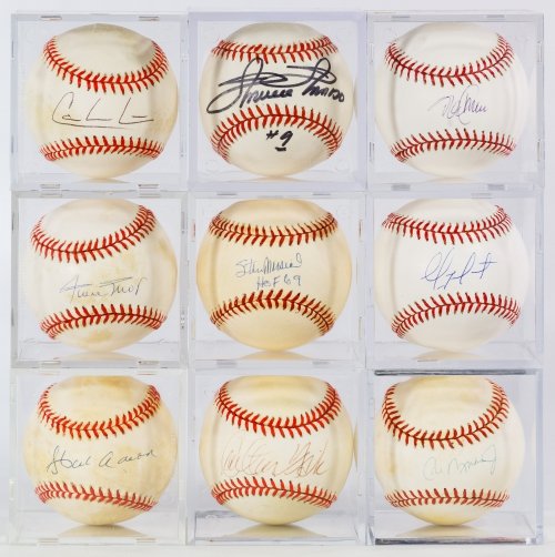 Autographed Baseball Assortment: Autographed Baseball Assortment Nine baseballs including examples from Hank Aaron, Stan Musial, Willie Mays, Cal Ripken Jr and Carlton Fisk; together with a signed Boston Red Sox pennant; no COAs Leng