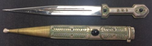 Cirassian Khanjale Cossack Style Dagger and Scabbard: Cirassian Khanjale Cossack Style Dagger and Scabbard Short sword dagger with wrapped wire at the top of the scabbard Length: 19.00 inches (includes scabbard) Category: Military & Weapons > Decorative 