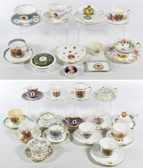 Queen Elizabeth Souvenir Teacup and Saucer Assortment: Queen Elizabeth Souvenir Teacup and Saucer Assortment Including examples from Foley Bone China, Sadler, Adderley, Rosina, Roslyn, Paragon and Royal Crown Imperial Height: 3.00 inches (tea cup) Categor