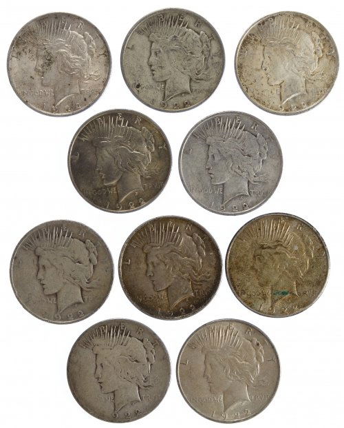 1922 Peace $1 Assortment: 1922 Peace $1 Assortment Ten coins: (4) 1922, (4) 1922-D and (2) 1922-S Category: Dollars > Peace Dollar Mixed Lots Shipping Status: Leonard Auction, Inc. will directly ship via USPS Approximate Sale