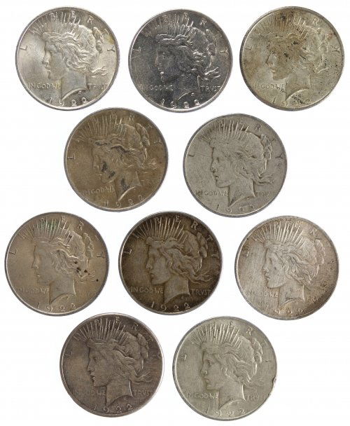 1922 Peace $1 Assortment: 1922 Peace $1 Assortment Ten coins: (7) 1922, 1922-D and (2) 1922-S Category: Dollars > Peace Dollar Mixed Lots Shipping Status: Leonard Auction, Inc. will directly ship via USPS Approximate Sale Time