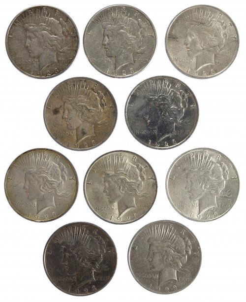 1923 Peace $1 Assortment: 1923 Peace $1 Assortment Ten coins: (7) 1923, 1923-D and (2) 1923-S Category: Dollars > Peace Dollar Mixed Lots Shipping Status: Leonard Auction, Inc. will directly ship via USPS Approximate Sale Time