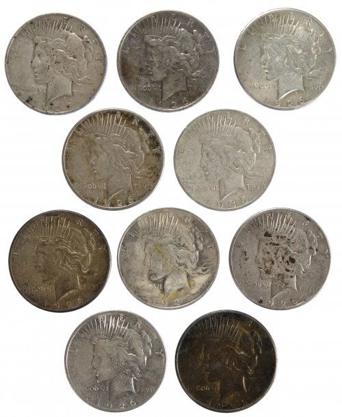 Peace $1 Assortment: Peace $1 Assortment Ten coins: 1926, 1926-D, (5) 1926-S, (2) 1927-D and 1935-S Category: Dollars > Peace Dollar Mixed Lots Shipping Status: Leonard Auction, Inc. will directly ship via USPS Approximat