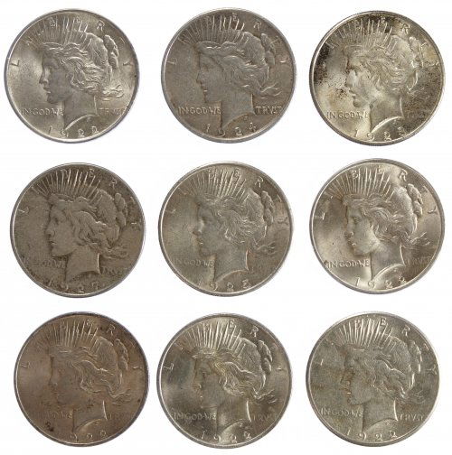 Peace $1 Assortment: Peace $1 Assortment Nine coins: (4) 1922, 1922-S, 1924, 1925, 1927-S and 1928-S Category: Dollars > Peace Dollar Mixed Lots Shipping Status: Leonard Auction, Inc. will directly ship via USPS Approxima