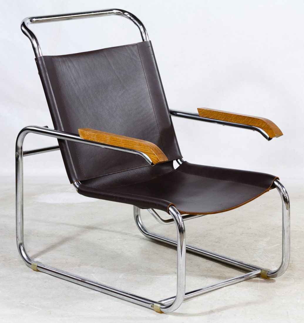 Mid-Century Modern Leather and Chrome B35 Chair: Mid-Century Modern Leather and Chrome B35 Chair (attributed to) Marcel Breuer Having a chrome frame; unmarked Height: 33.00 inches, Width: 22.50 inches, Depth: 30.25 inches Category: Furniture > Mid-C