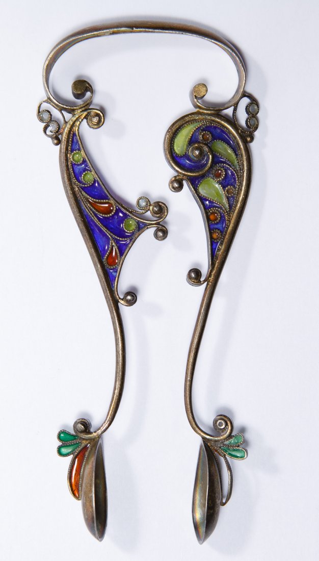 Marius Hammer Sterling Silver and Plique-a-Jour Tongs: Marius Hammer Sterling Silver and Plique-a-Jour Tongs Having a multi-color design; marked 925 and MH Length: 4.25 inches Weight: 0.75 ozt. (total weight) Category: Silver > Sterling Silver Flatware Sh