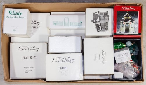 Department 56 'Snow Village' Assortment: Department 56 'Snow Village' Assortment Including eleven porcelain buildings: Village Resort, Cumberland, Kenwood Snowhouse, Apothecary, Amish Farmhouse, Public Library, Redeemer Church, Brandon Bunga