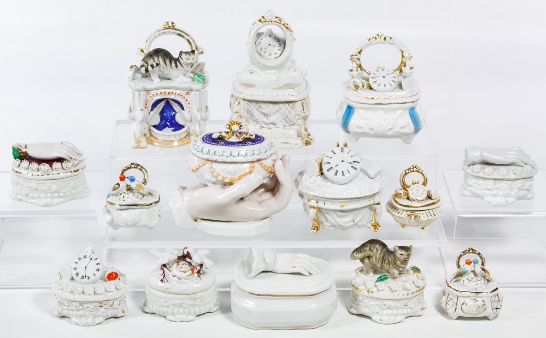 German Porcelain Fairing Box Assortment: German Porcelain Fairing Box Assortment c.1900, fourteen boxes having animals, clocks and hands; some may be produced by Conta & Boehme Height: 4.50 inches (tallest) Category: Figurines > Other Shippi