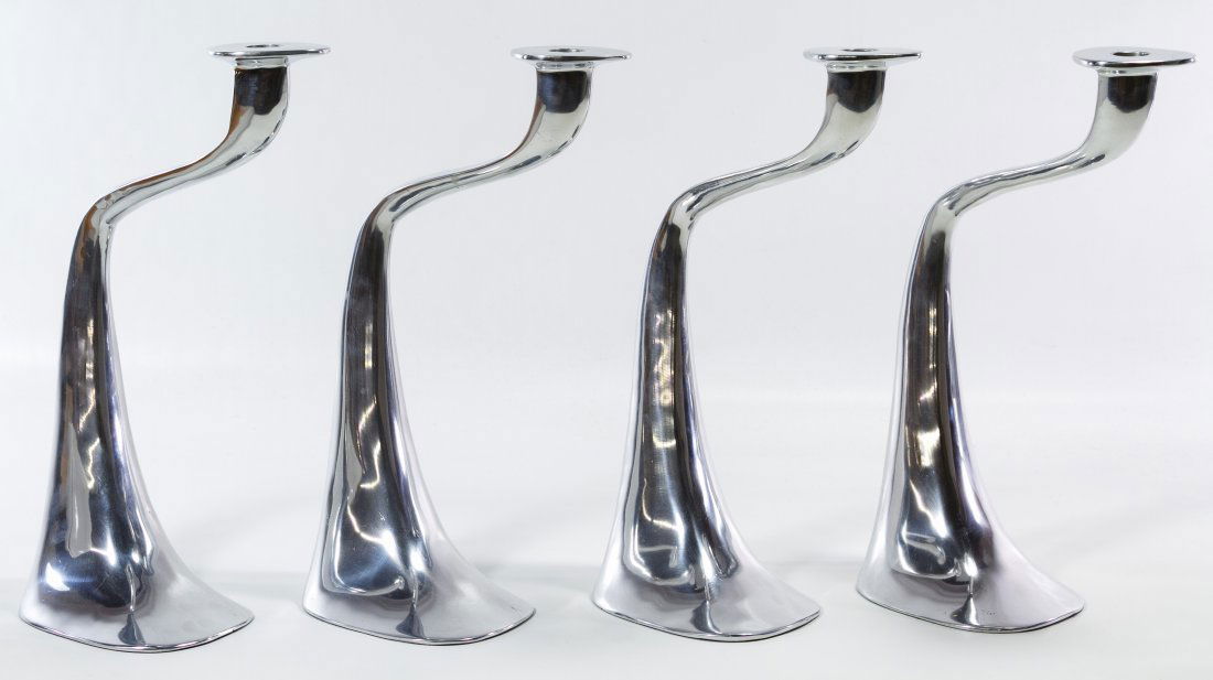 Mid-Century Modern 'Turner' Candlesticks by Driade: Mid-Century Modern 'Turner' Candlesticks by Driade Kosmo Four pieces of cast aluminum; sticker on the bottom Height: 13.00 inches Category: Silver > Other Tax Status: Subject to an 8.25% sales tax for