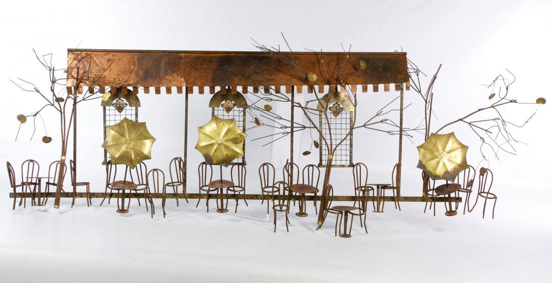 Curtis Jere (American, d.2008) 'Cafe' Wall Hanging: Curtis Jere (American, d.2008) 'Cafe' Wall Hanging Undated, signed lower right, depicting a cafe scene Height: 19.00 inches, Width: 46.00 inches Category: Decorative Arts > Objects Shipping Status: Du