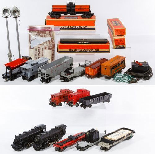 Lionel Train Car Assortment: Lionel Train Car Assortment Including engine 1634, engine 1655, type 1011 transformer, tanker 6315 with box, car 336155, 6430, 6017, 3659, 1007, 6462, 25000, 629, 6357, 6461, electric lights, track an