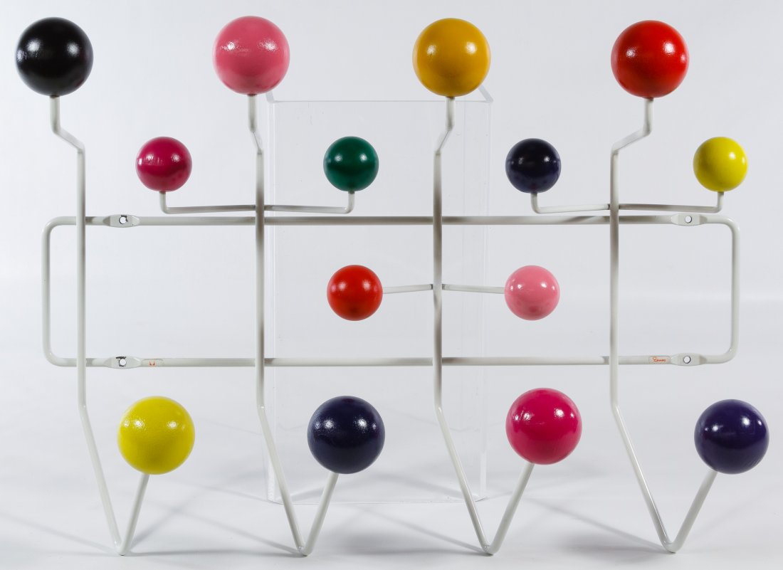 'Hang-It-All' Coat Rack by Eames for Herman Miller: Mid-Century Modern 'Hang-It-All' Coat Rack by Eames for Herman Miller Having lacquered wood, enameled steel; attached sticker labels Height: 13.00 inches, Width: 19.75 inches, Depth: 7.00 inches Categ