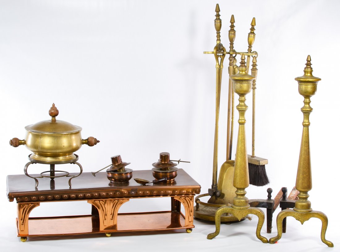 Brass and Copper Fireplace Equipment Assortment: Brass and Copper Fireplace Equipment Assortment Including brass andirions and fireplace tools, a brass kettle with stand and a standing copper warmer with burners Height: 23.00 inches, Length: 20.00 i