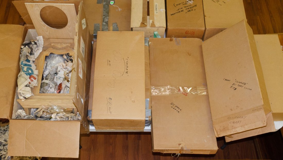 Clock Kit Assortment: Clock Kit Assortment Seven boxed, unassembled kits including a walnut Eli Terry, a colonial ash wall clock, a school clock and a wag clock with Franz Hermle movement Height: 29.00 inches, Width: 18.00