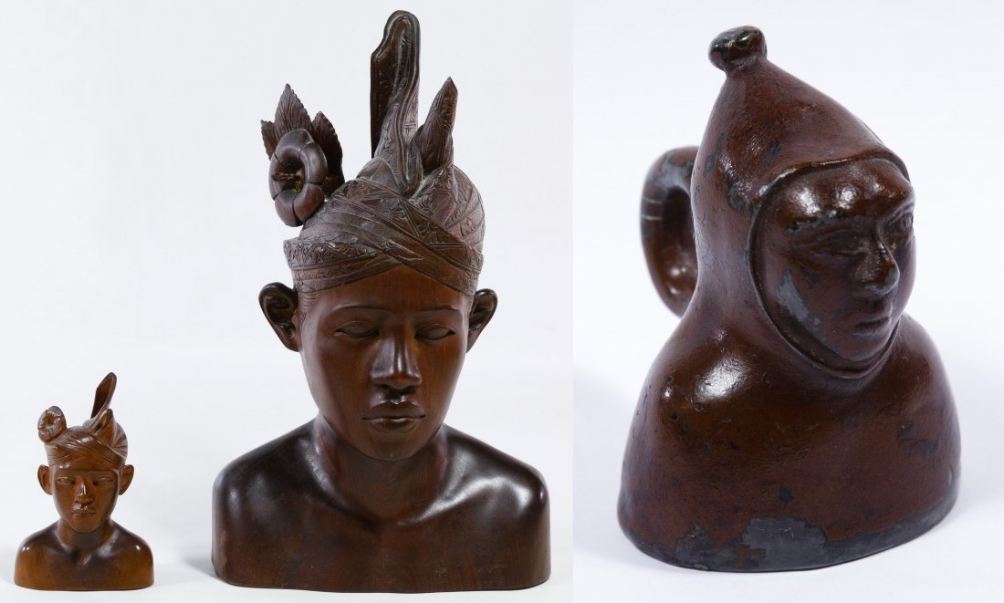 Carved Wood Indonesian Busts: Carved Wood Indonesian Busts Two unmarked carved wood busts depicting males with floral and cloth turban; together with an unmarked bronze figural candle snuffer Height: 13.50 inches (tallest) Categor