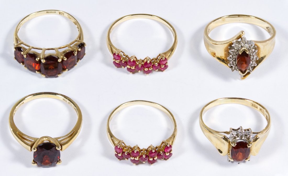 10k Gold Ring Assortment: 10k Gold Ring Assortment Six rings having semi-precious gemstones and crystals; all marked 10k inside band Size: 6.5, 7, 8 Weight: 8.32 dwts. (total weight) Category: Jewelry & Timepieces > 10k Gold S