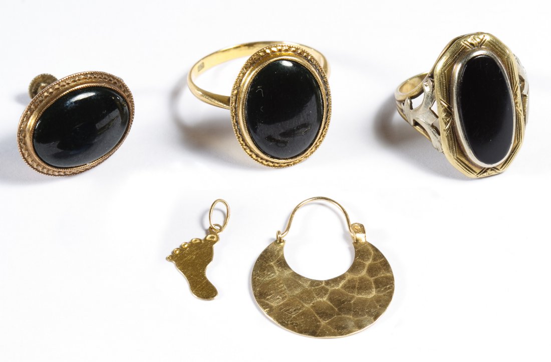 18k, 14k and 10k Gold Jewelry Assortment: 18k, 14k and 10k Gold Jewelry Assortment Including an 18k gold and oval cut onyx ring, 14k gold pierced earring and charm and 10k gold and oval cut onyx ring and screw-back earring; most marked Size: