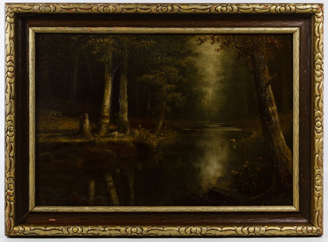 (Attributed to) Ralph Albert Blacklock (American,: (Attributed to) Ralph Albert Blacklock (American, 1847-1919) Oil on Board Undated, unsigned, depicting a wooded landscape; pencil marked en verso of frame 'Blakelock' Height: 11.50 inches, Width: 18.0
