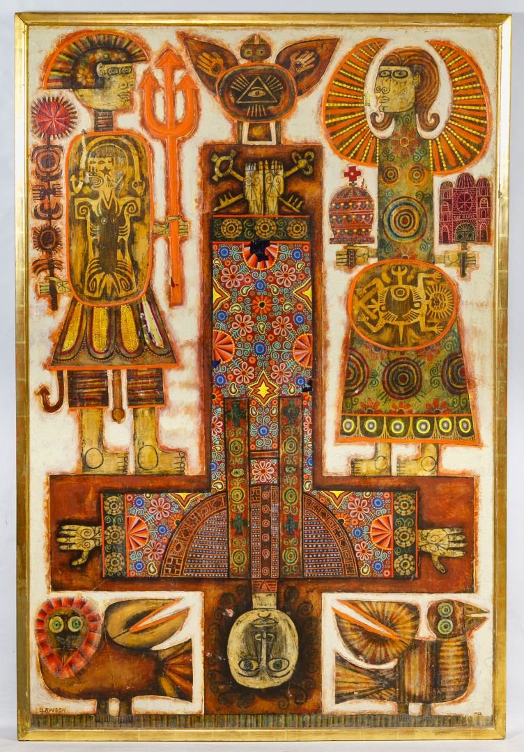 Rex Clawson (American, 1929-2007) 'Religious' Mixed: Rex Clawson (American, 1929-2007) 'Religious' Mixed Media on Board 1963, signed lower left, depicting religious symbols with male and female figures; including information from Gallery 91 Height: 59.5