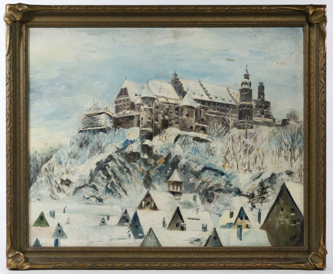 (Attributed to) Herbert Miller (Canada, 1896-1981) Oil: (Attributed to) Herbert Miller (Canada, 1896-1981) Oil on Board 1929, signed lower right, depicting snow covered buildings; housed in a batwing frame Height: 15.50 inches, Width: 19.25 inches (sight) 