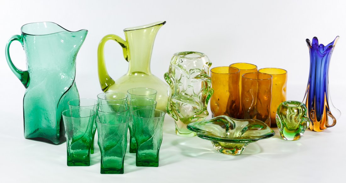 Mid-Century Modern Green and Brown Glass Assortment: Mid-Century Modern Green and Brown Glass Assortment Including bar sets, glasses, vases, Krosno Jozefina blue and white cased glass vase with ruffled rim and a Blenko light green hand blown vase; some 