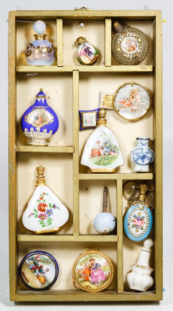 Ceramic and Glass Perfume Bottle in Display Box: Ceramic and Glass Perfume Bottle in Display Box Including ten perfume bottles, two Limoges painted porcelain plates, an enameled compact and two square lids with examples from Czechoslovakia, Germany,
