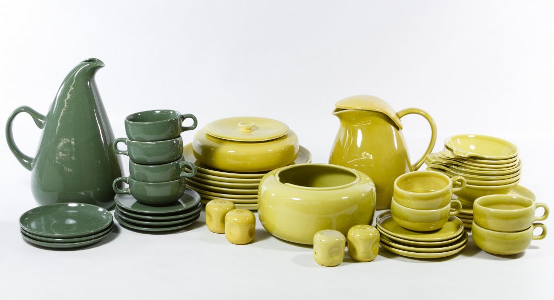 'American Modern' China Service by Steubenville for: 'American Modern' China Service by Steubenville for Russel Wright Two partial sets including (34) pieces in chartreuse and (12) pieces in sea foam green Height: 11.00 inches (pitcher) Category: Porcel